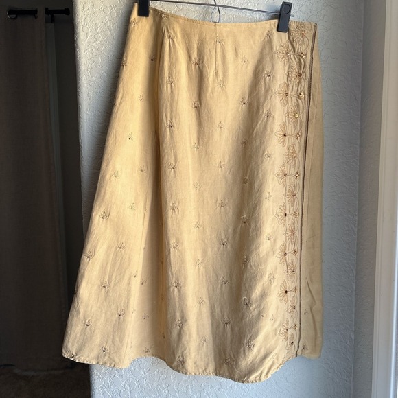 Liz Claiborne Dresses & Skirts - Vintage Womens 10 Silk Linen Midi Skirt Tan Embroidered Beaded Sequin A-Line